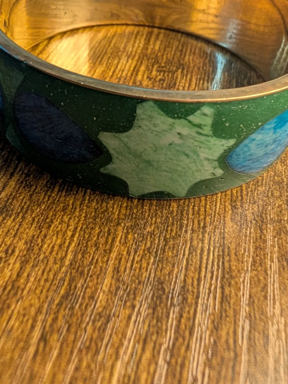 Green and Blue Inlaid Leaf Bangle Enamel Over Brass